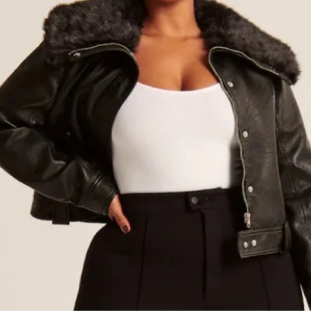Abercrombie & Fitch black faux leather jacket with fur trim